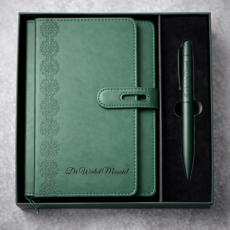 Coffret Carnet & Stylo Personnalisé – Élégance Verte – coffret signature personnalisé au Maroc | Giftshouse
