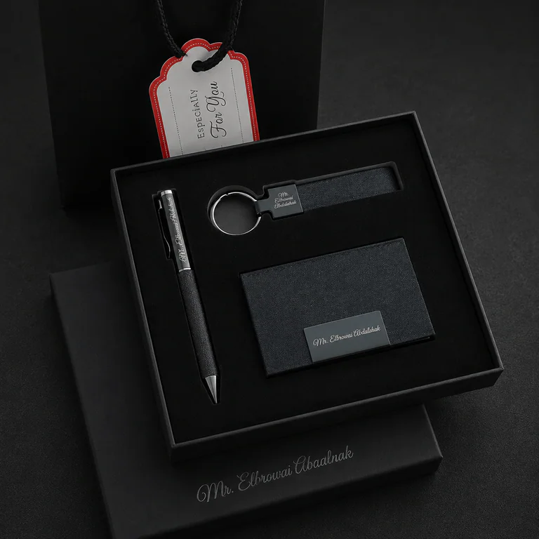 Coffret Charisma 3 Pièces - Stylo, Porte-clés & Porte-cartes Effet Jean – coffret signature personnalisé au Maroc | Giftshouse