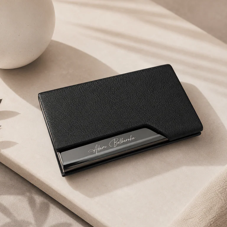 Porte-cartes noir élégant personnalisé – cadeau personnalisé personnalisé au Maroc | Giftshouse